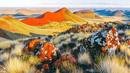 Spectacular Namib Desert Landscape with Towering Dunes and Lichen-Covered Rocks