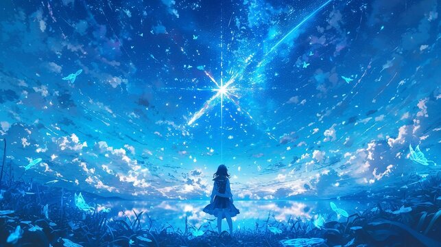 Crystal Meteor Streak over Obsidian Lake, Anime Wallpaper with Diamond Stars and Silver Ripples, Ethereal Reflection 8K Textured Grain