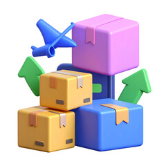 Shipping Concept Illustration: A vibrant digital illustration showcases the dynamics of global trade, featuring stacked parcels, an airplane, and directional arrows, all meticulously rendered.