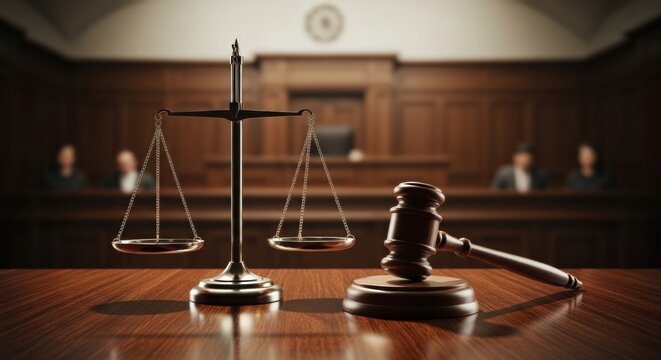 Symbols of justice on the judge's bench in a classic courtroom. A wooden gavel and weighing scales are in focus with the empty courtroom behind them.