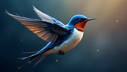 Barn swallow soars gracefully with colorful plumage, capturing avian beauty and the essence of wildlife flight in a single frame.