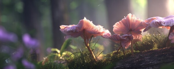 Close up of pink mushrooms growing on a mossy log in a forest with sunlight streaming through trees