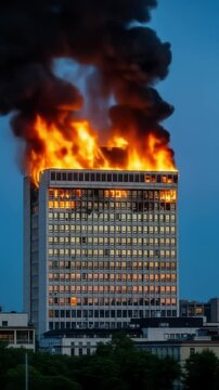 Urban building consumed by intense flames with thick black smoke billowing into the sky. Dramatic emergency scene showcasing the severity of a fire disaster. Vertical format video