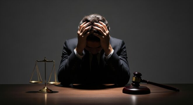 A person in a suit in despair after losing a legal case, with their head in their hands at a desk with a gavel and scales of justice.
