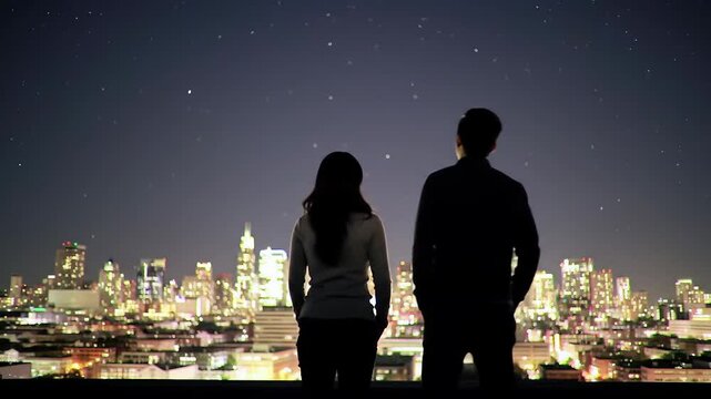 Back view of a man and a woman standing side by side at night, overlooking the illuminated city skyline from a high urban viewpoint