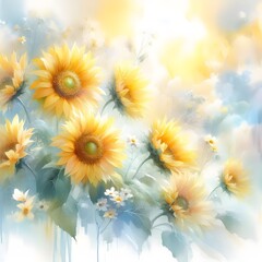 Obraz premium Vibrant Yellow Sunflowers Watercolor Illustration