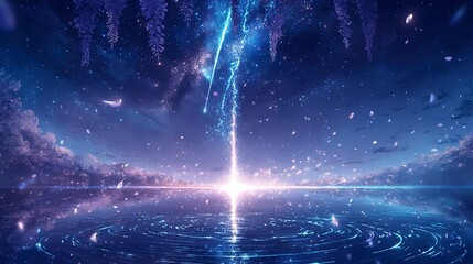 Crystal Meteor Streak over Obsidian Lake, Anime Wallpaper with Diamond Stars and Silver Ripples, Ethereal Reflection 8K Textured Grain