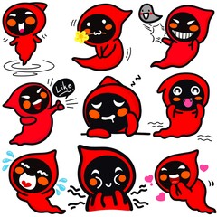 Cute little ghost character in red robe, showing different emotions and behaviors. Happiness, anger, sadness, humor, mixed with cuteness and various emotions. Suitable for use as stickers or media.