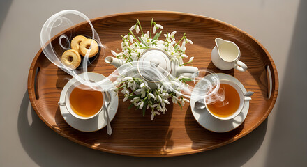 Serene morning ritual unfolds with steaming tea cups and delicate pastries on a rustic wooden tray, surrounded by lush greenery in a warm, inviting atmosphere.