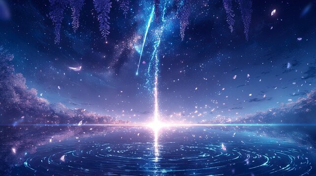 Crystal Meteor Streak over Obsidian Lake, Anime Wallpaper with Diamond Stars and Silver Ripples, Ethereal Reflection 8K Textured Grain