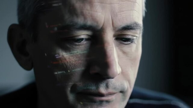 Close-up headshot of a middle-aged man programming late at night, with green lines of code reflecting across his focused face and eyes in a dark ambient room