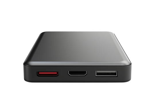 Portable SSD enclosure USB-C Bright studio lighting and ground‑level view and transparent background. Suitable for editorial features and digital banners. High resolution and print ready.