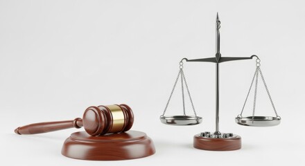 The core symbols of the legal system, a wooden judge's gavel and silver scales of justice, are shown together, isolated on a clean white background.