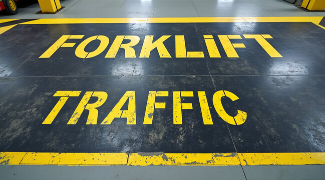 Safety Sign on Warehouse Floor Indicating Forklift Traffic Area for Workers' Awareness