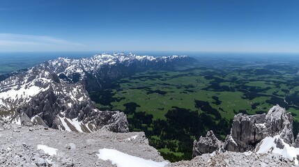 Stunning Alpine Vista: Majestic Mountains, Lush Green Valley, and Azure Sky Panorama