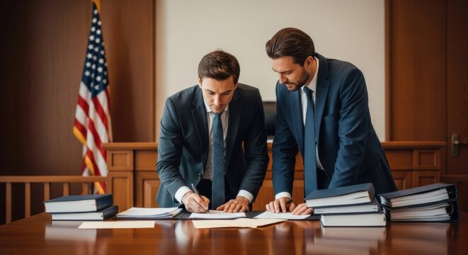 Two male lawyers in suits sign a legal document or plea agreement at a table in a courtroom, with law books and the American flag visible.