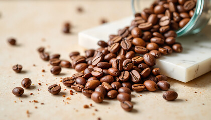 Naklejka premium Coffee beans spilling from jar onto marble surface 