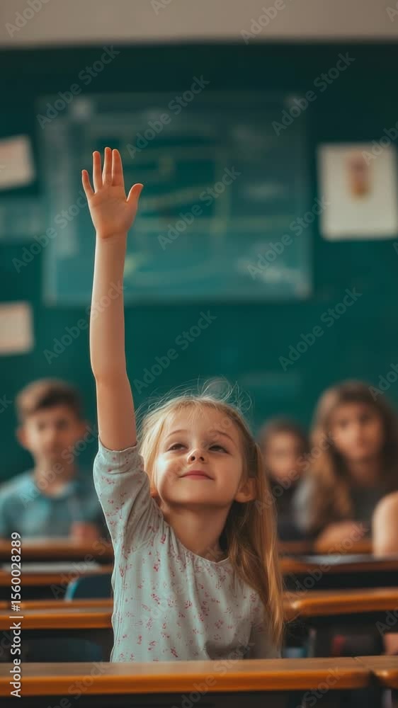Poster elementary school student raising hand to answer teacher's question during class, showing eagerness 