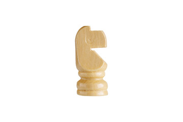 Macro shot of a wooden brown knight chess piece on white background. Ideal for strategy and gaming...