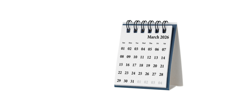 Desktop calendar for March 2026 in white colour. Mini planner for business and finance, spiral view on isolated white background close up.