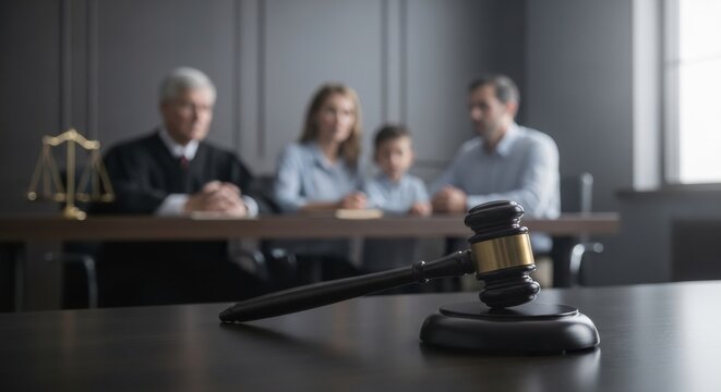 A family court hearing. A gavel is in the foreground with a blurred background of a family (mother, father, child) sitting before a judge. Concept for custody or adoption.
