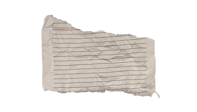 A torn crumpled lined paper with a red line on a white background enhances art projects. Its rugged texture offers a unique base for sketches and designs.