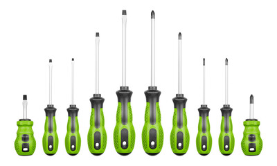 Set of Philips and flathead screwdrivers Green color on isolated white background close-up