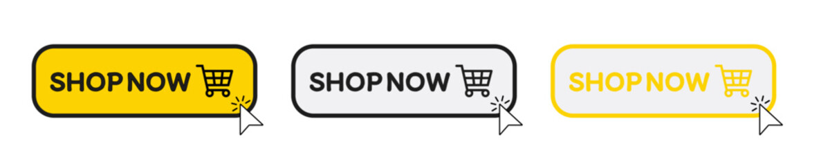 Buy now button with shopping cart. Shop now. Modern collection for web site. Online shopping. Click here, apply, buttons hand pointer clicking. Web design elements. Vector illustration
