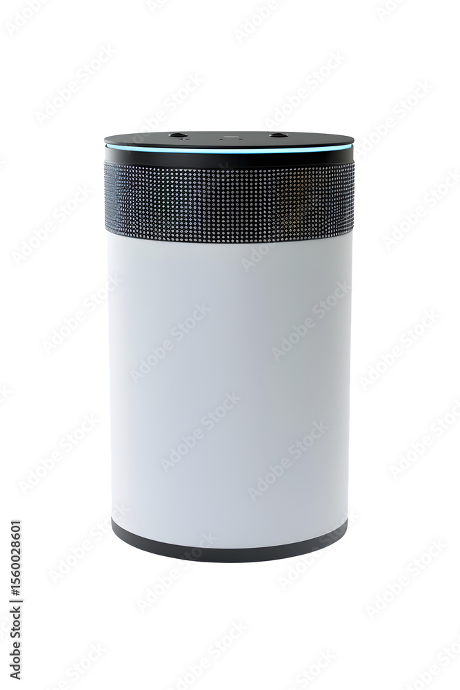 Poster cylindrical smart home hub with fabric mesh and led halo realistic material texture and symmetrical 