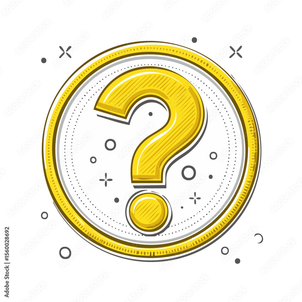 Poster stylized yellow question mark graphic on white circle with dots and decorations uncertainty conceptu