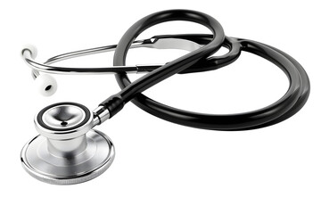 Silver stethoscope with black rubber tubing High‑key lighting and clean white background and dynamic perspective. Perfect for e‑commerce listings and product catalogs. High resolution and print ready.