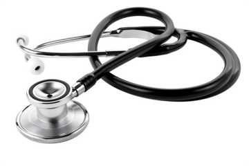 Silver stethoscope with black rubber tubing High‑key lighting and clean white background and dynamic perspective. Perfect for e‑commerce listings and product catalogs. High resolution and print ready.
