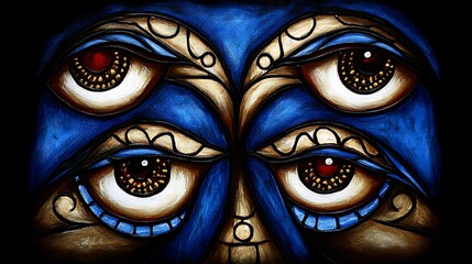 Surreal artwork with four eyes in shades of blue beige and brown on black background