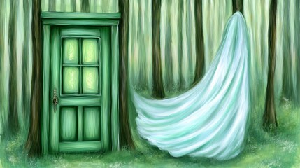 Surreal forest landscape featuring a glowing green door and ethereal spirit