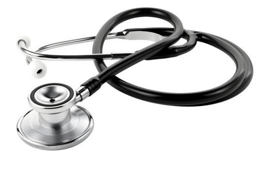 Silver stethoscope with black rubber tubing High‑key lighting and clean white background and dynamic perspective. Perfect for e‑commerce listings and product catalogs. High resolution and print ready.