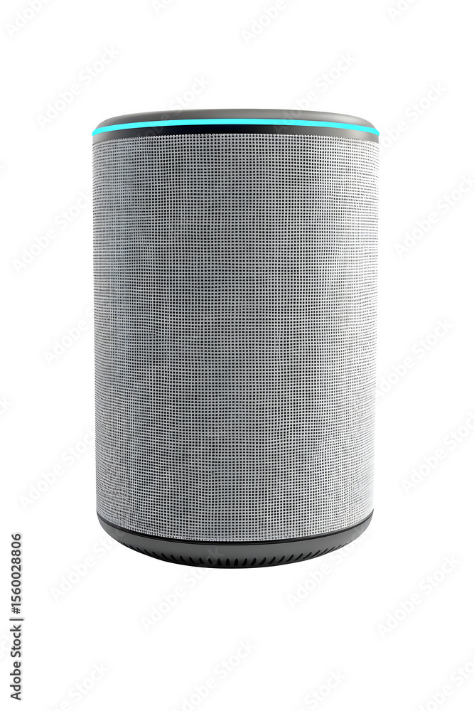 Poster cylindrical smart home hub with fabric mesh and led halo low‑key lighting and diagonal angle and smo