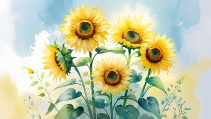 Vibrant Yellow Sunflowers Watercolor Illustration