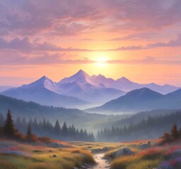 Obraz premium Illustration sunrise landscape in pastel colors.