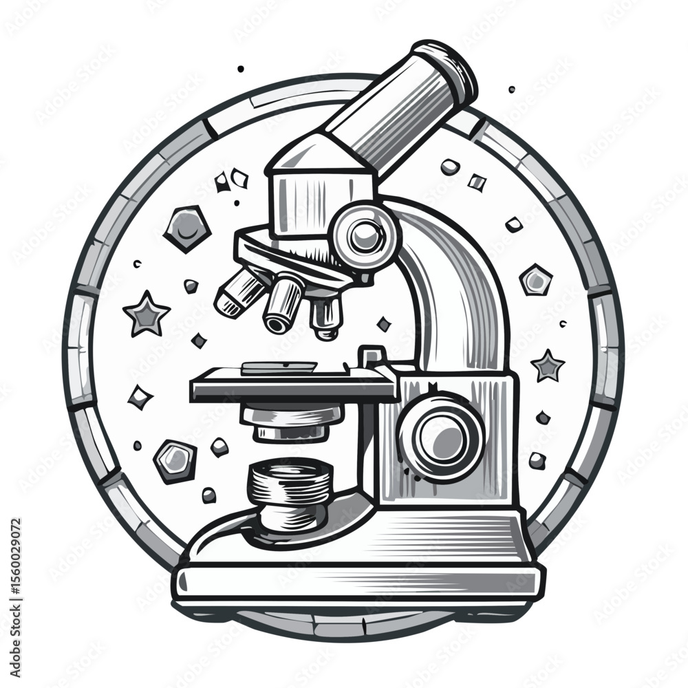 Poster illustration of vintage microscope with geometric shapes for education and science experiments gray 