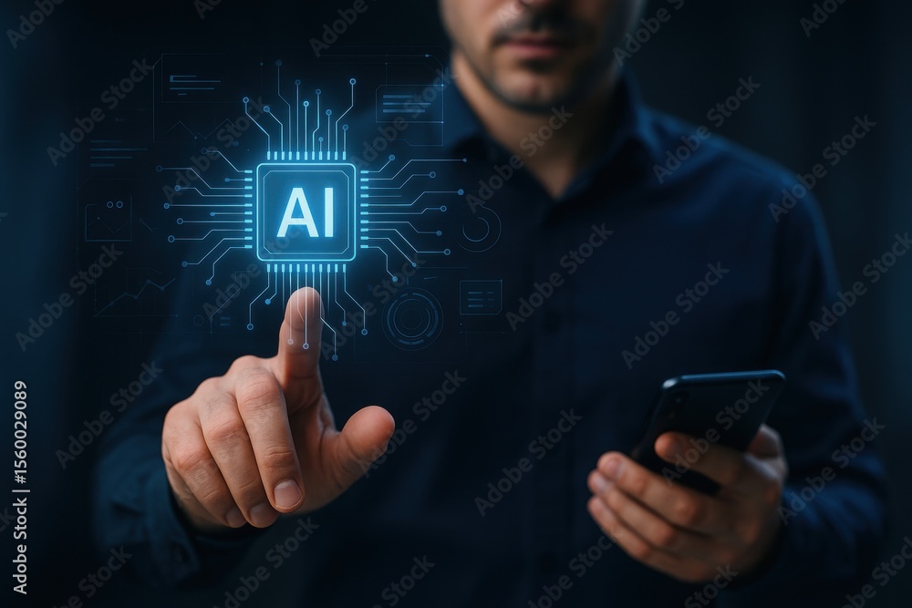 Poster artificial intelligence integration: a person using a smartphone interacts with a hologram of an ai 