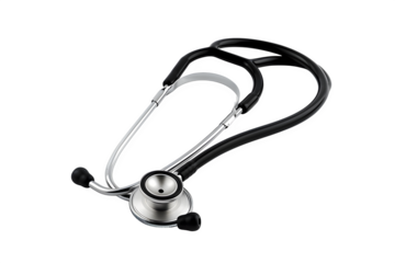 Silver stethoscope with black rubber tubing Smooth reflective surface and transparent background and high‑key lighting. Ready for presentations and creative projects. High resolution and print ready.