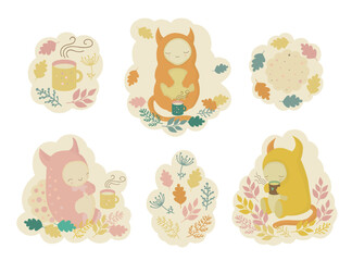 Collection of stickers with funny, cute and friendly monsters, mugs of hot tea, chocolate, or cocoa, and yummy cookies, a cozy tea party or picnic. Childish illustrations.