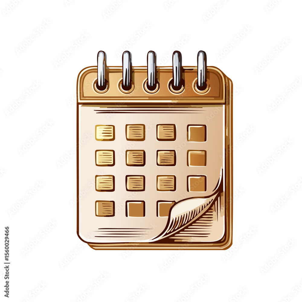 Poster stylized calendar page turning with grid schedule illustration for reminders and organization in gol