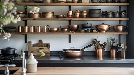 Modern Kitchen with Open Shelving and Curated Cookware