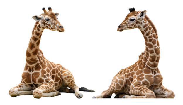 Baby giraffe sitting on ground, isolated background, sharp texture, no shadow