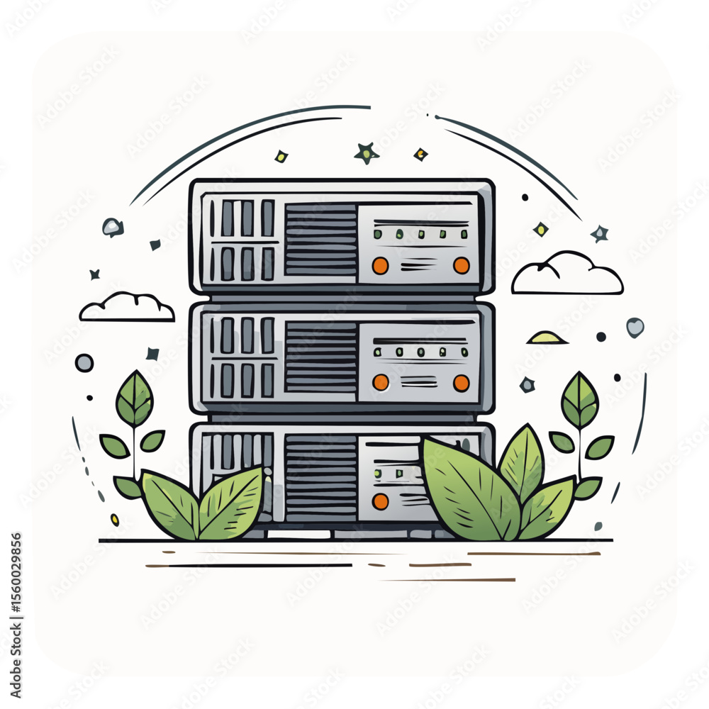 Poster server rack with green foliage emphasizing data centers and sustainable technology concepts