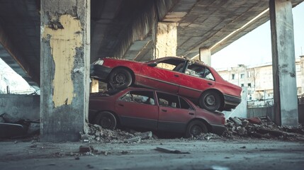 Cars piled up on top of each other under a damaged overpass following a devastating earthquake, highlighting the destructive power of seismic waves and the resulting chaos in an urban environment