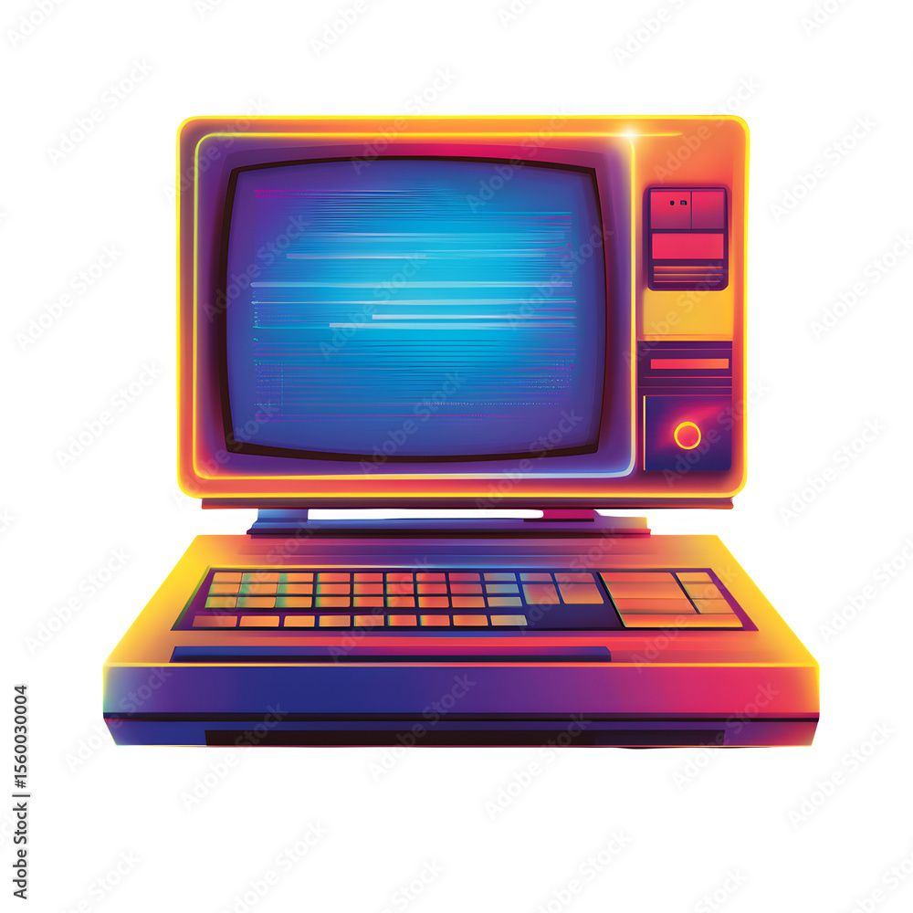 Aufkleber retro 1980s style vector poster advertising a personal computer low‑key lighting and symmetrical lay