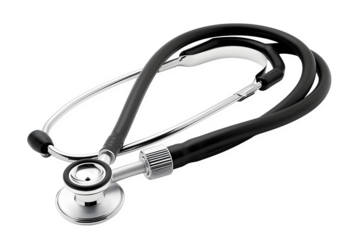 Silver stethoscope with black rubber tubing Asymmetrical layout and soft studio lighting and clean white background. Ready for presentations and creative projects. High resolution and print ready.