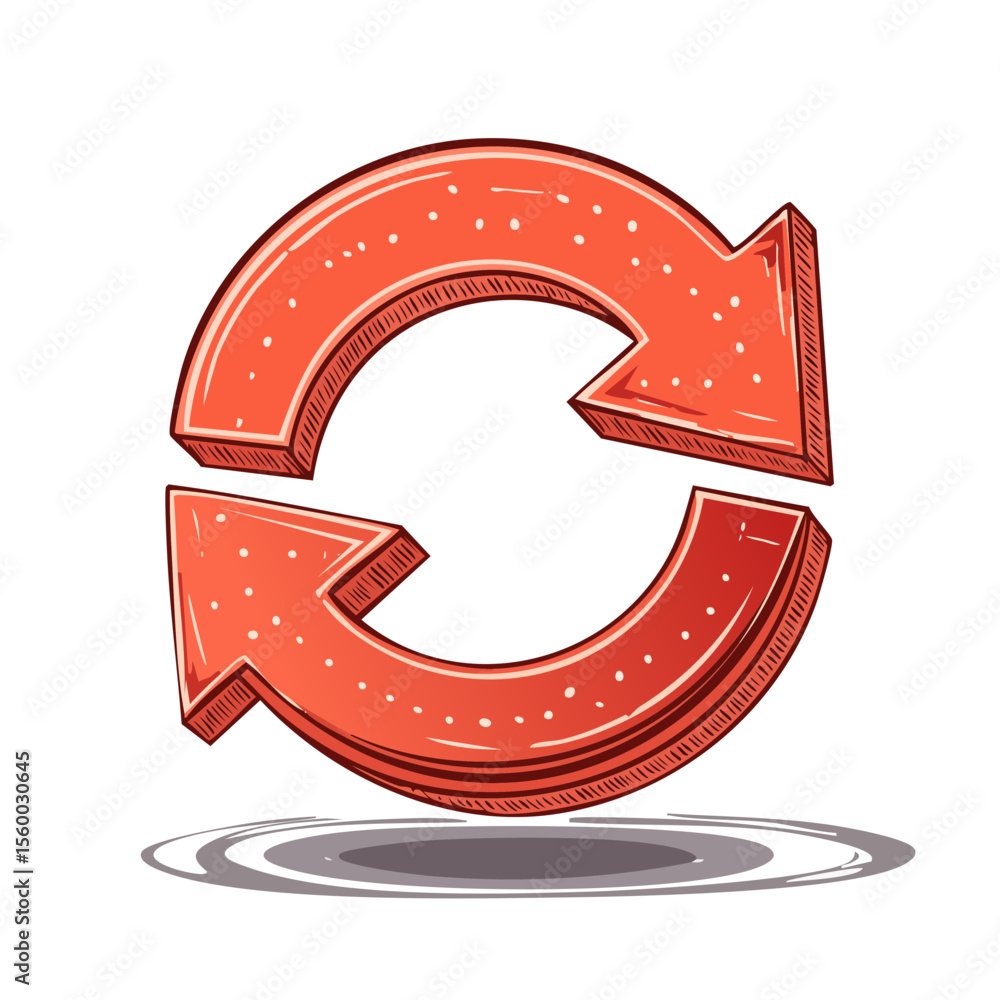 Poster cartoon circular arrows rotating with continuous movement for reload refresh or recycle symbol
